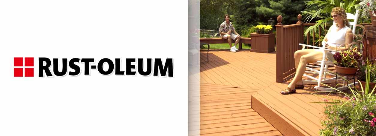 Rust-Oleum logo with person sitting on Rust-Oleum stained deck